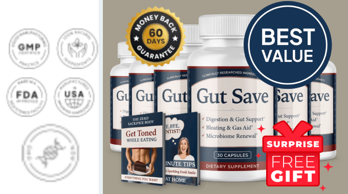 Gut Save 6-bottle best value bundle with free bonuses and 60-day guarantee