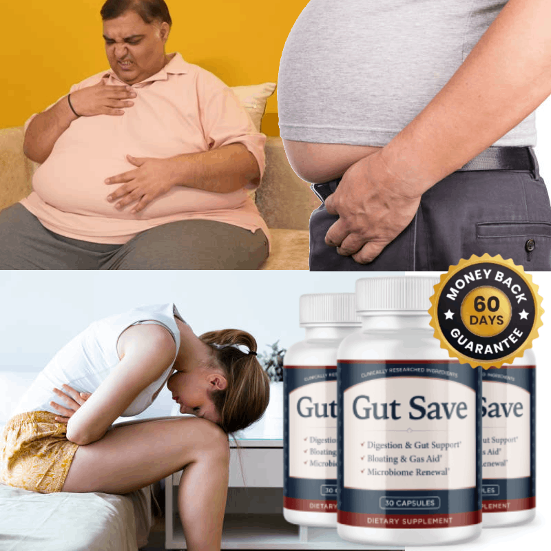 Digestive discomfort and Gut Save with 60-day money back guarantee
