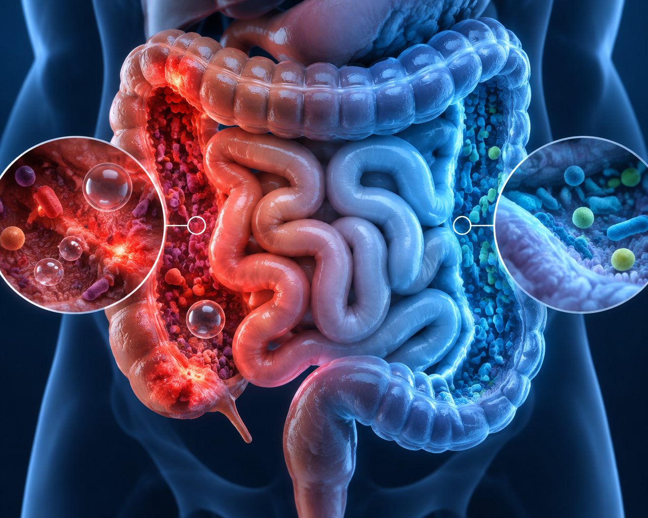 Illustration of the human gut showing imbalanced and healthy microbiome areas